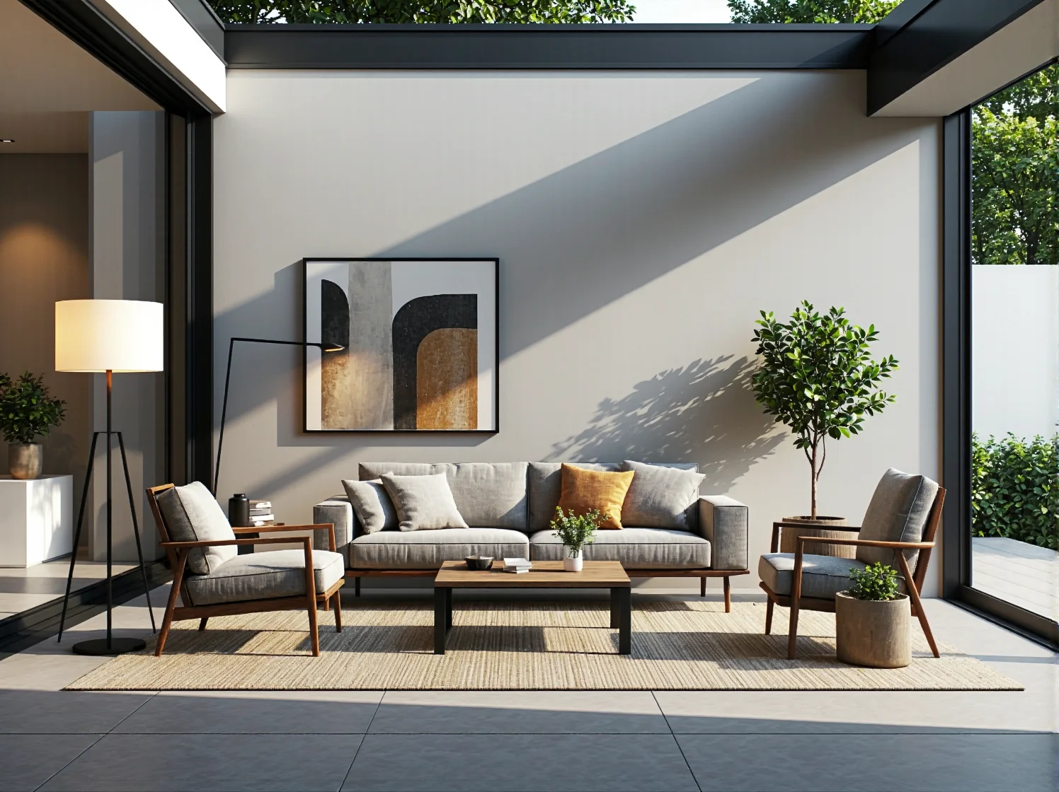 Klimatyczne kinkiety zewnętrzne na elewacji nowoczesnego budynku minimalistycznego