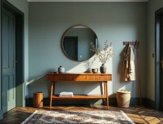 Konsola vintage drewniana orzech z szufladami i dolną półką