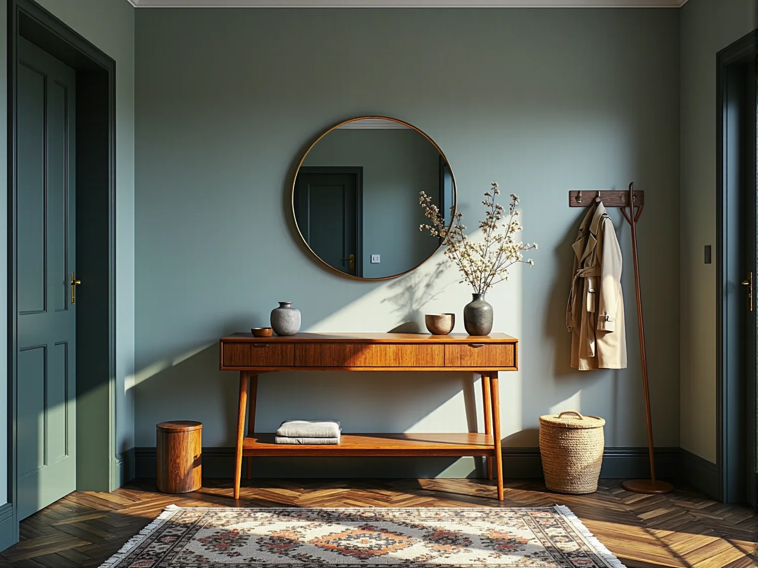 Konsola vintage drewniana orzech z szufladami i dolną półką