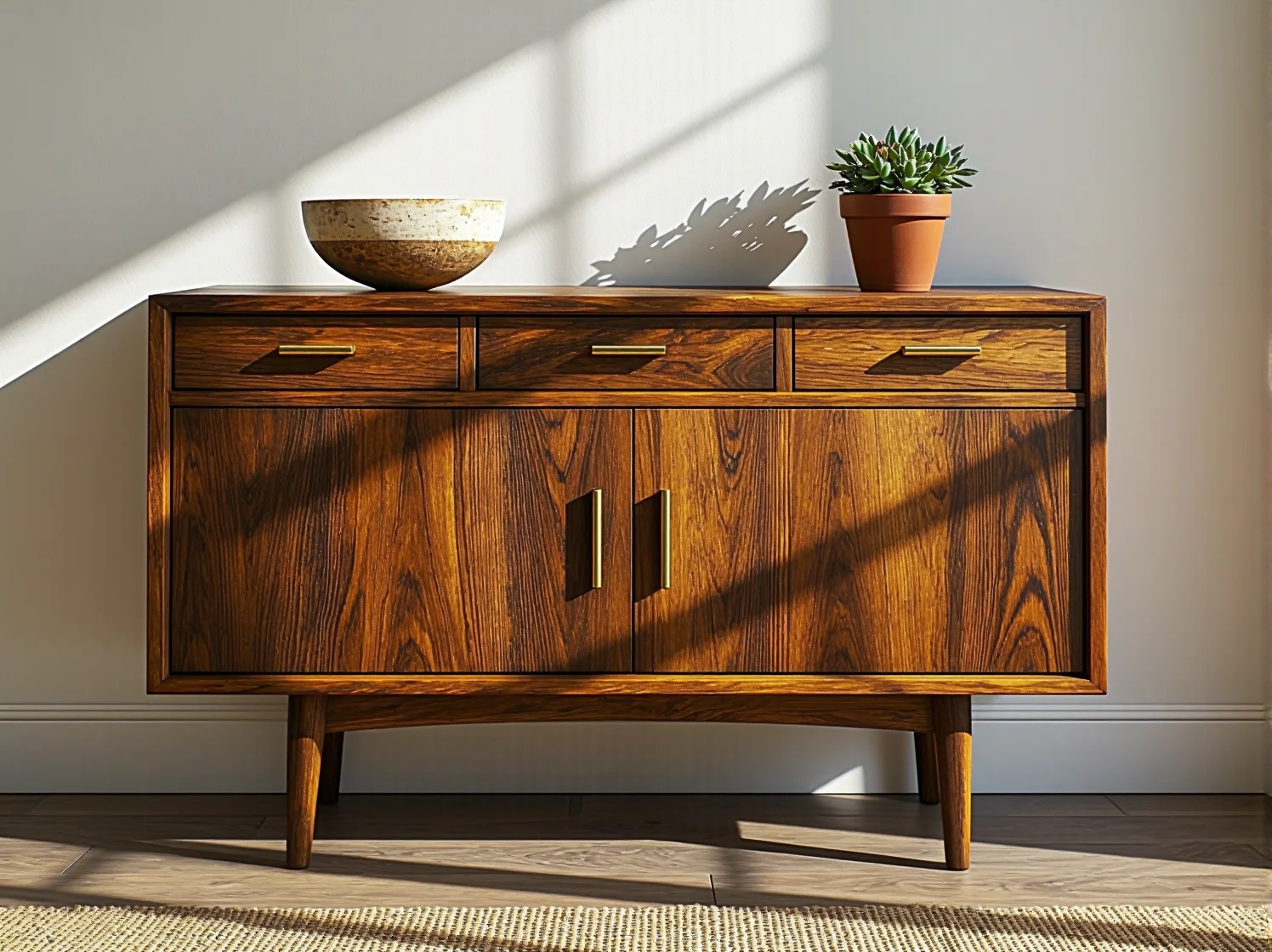 Wąska konsola retro jako idealny mebel do małego przedpokoju w stylu vintage.