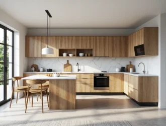 Nowoczesna kuchnia dąb craft z wyspą i szafkami górnymi