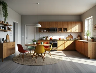 Kolorowe krzesła skandynawskie z drewnianymi nogami przy okrągłym stole