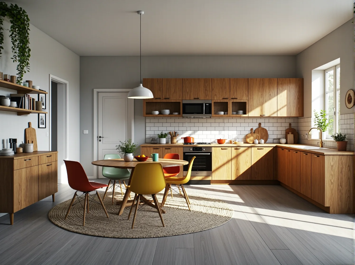 Kolorowe krzesła skandynawskie z drewnianymi nogami przy okrągłym stole