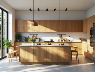 Nowoczesne meble kuchenne dąb naturalny z wyspą i blatem marmurowym