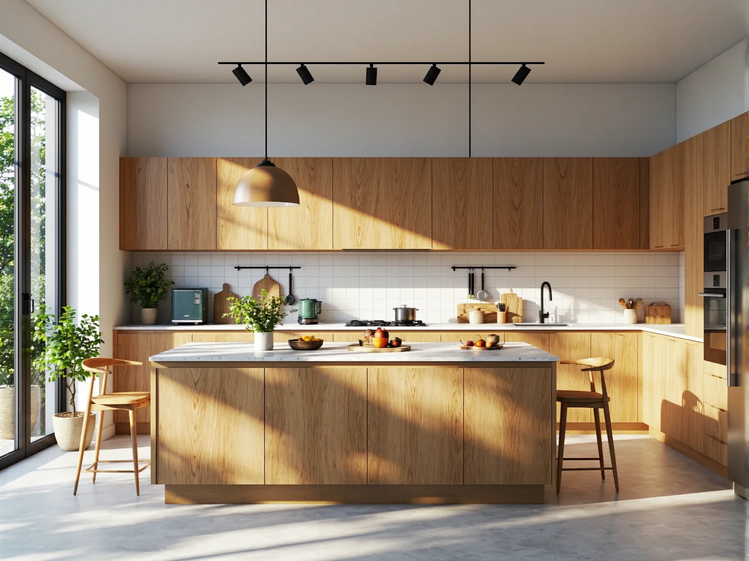 Nowoczesne meble kuchenne dąb naturalny z wyspą i blatem marmurowym