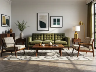 Zielona sofa pikowana z drewnianymi fotelami w stylu retro