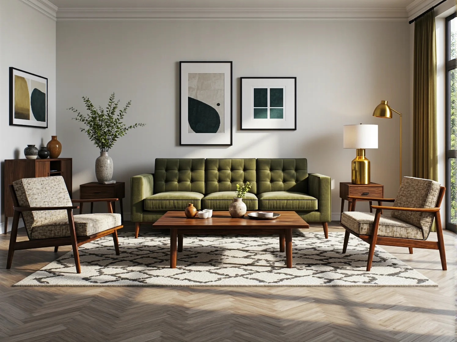 Zielona sofa pikowana z drewnianymi fotelami w stylu retro