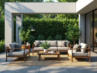 Zestaw mebli ogrodowych drewnianych z szarymi poduszkami