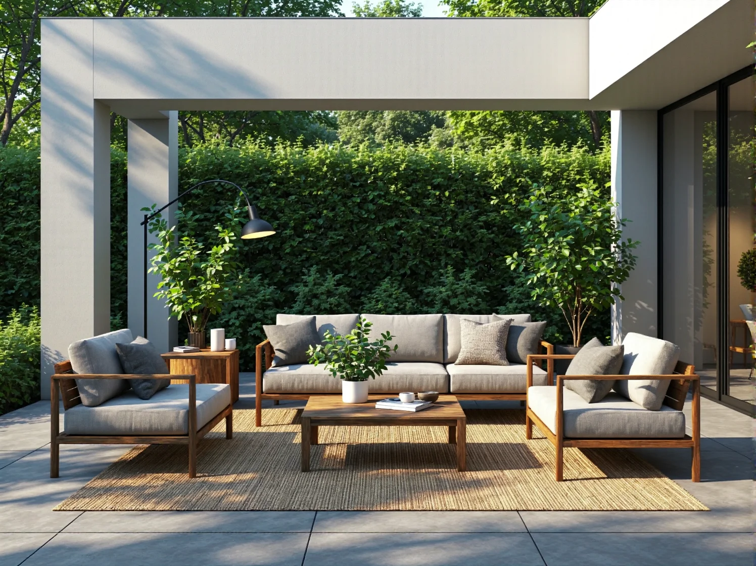 Zestaw mebli ogrodowych drewnianych z szarymi poduszkami