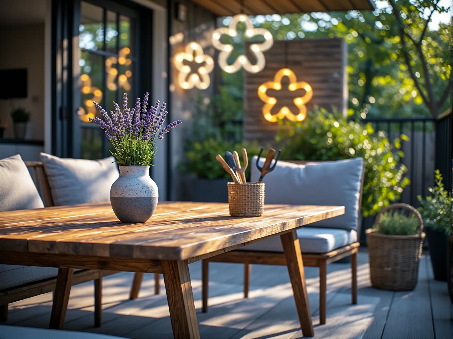 Dekoracyjne lampki LED kwiaty rozświetlające wieczorem balkon w klimacie Prowansji