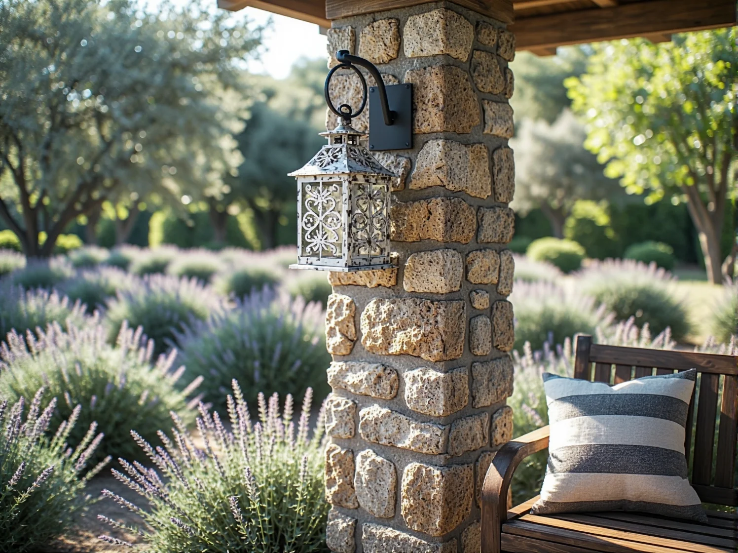 Lampy solarne wbite w ziemię wśród kwitnącej lawendy w ogrodzie