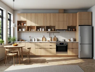 Meble kuchenne dąb sonoma z szafkami i otwartymi półkami