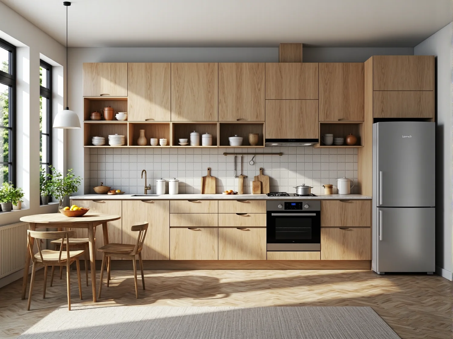 Meble kuchenne dąb sonoma z szafkami i otwartymi półkami