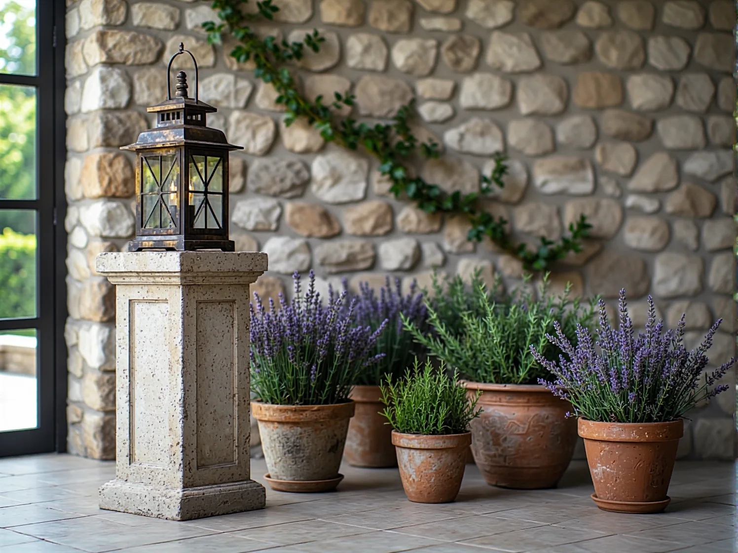 Klasyczna latarenka solarna oświetlająca lawendowe rabaty o zmierzchu.