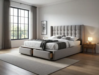 Łóżko kontynentalne szare tapicerowane z szufladami na pościel