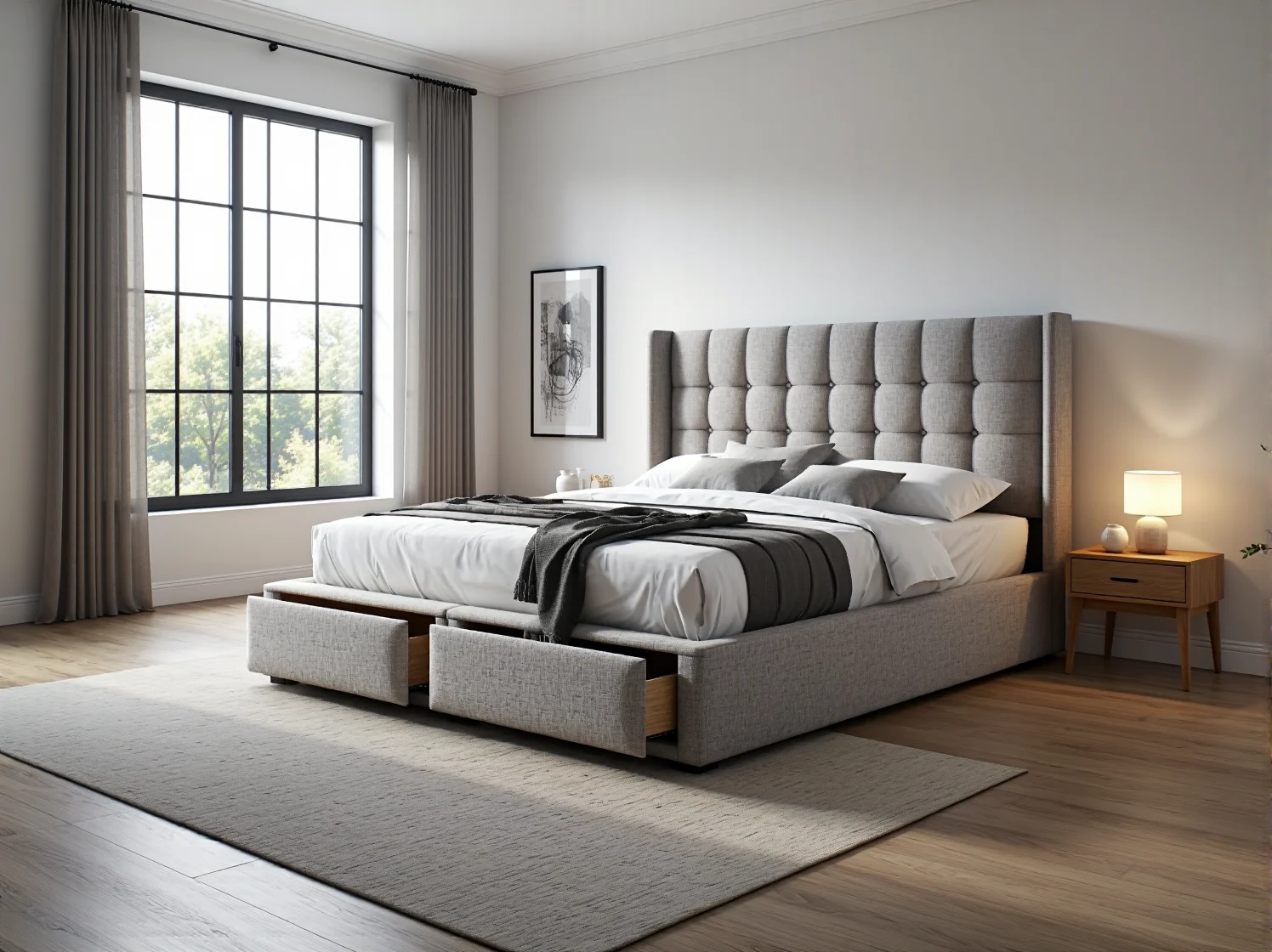 Łóżko kontynentalne szare tapicerowane z szufladami na pościel