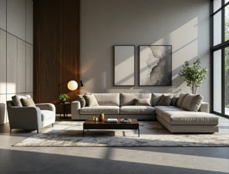 Elegancka narożna sofa szara tapicerowana z poduszkami