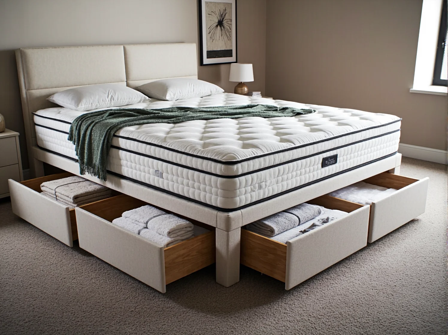 Eleganckie łóżko kontynentalne z systemem szuflad łączące luksus z funkcjonalnością.