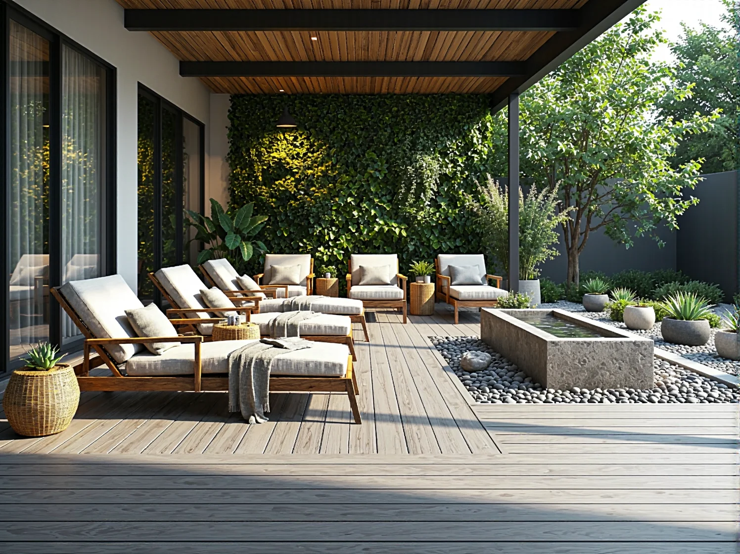 Luksusowe meble boho w hotelowym ogrodzie zimowym z dużą ilością roślin