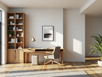 Drewniane biurko dąb naturalny z szufladami i regałem na książki