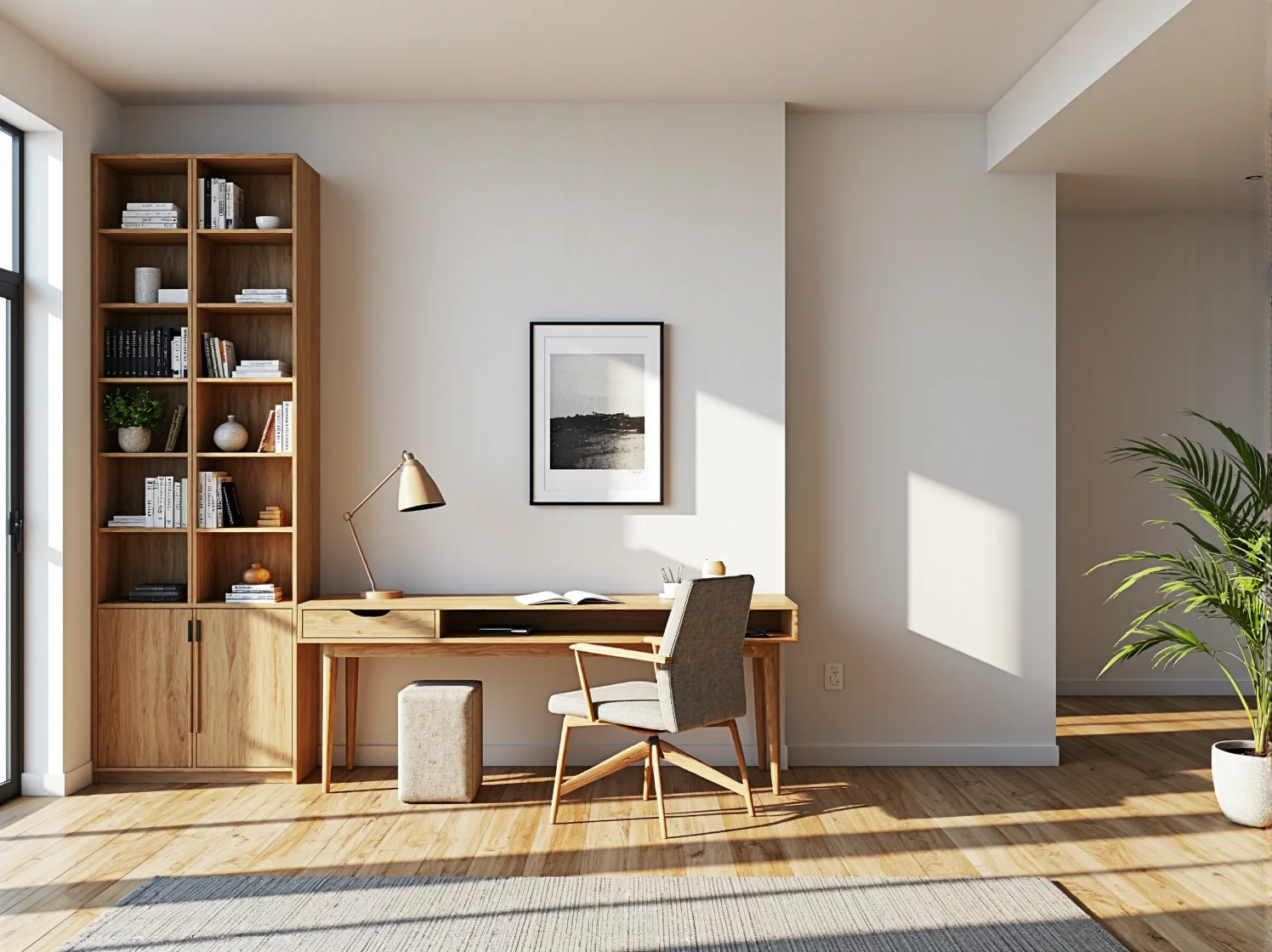 Drewniane biurko dąb naturalny z szufladami i regałem na książki