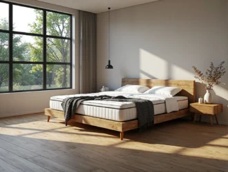 Materac termoelastyczny biały na drewnianym łóżku dębowym