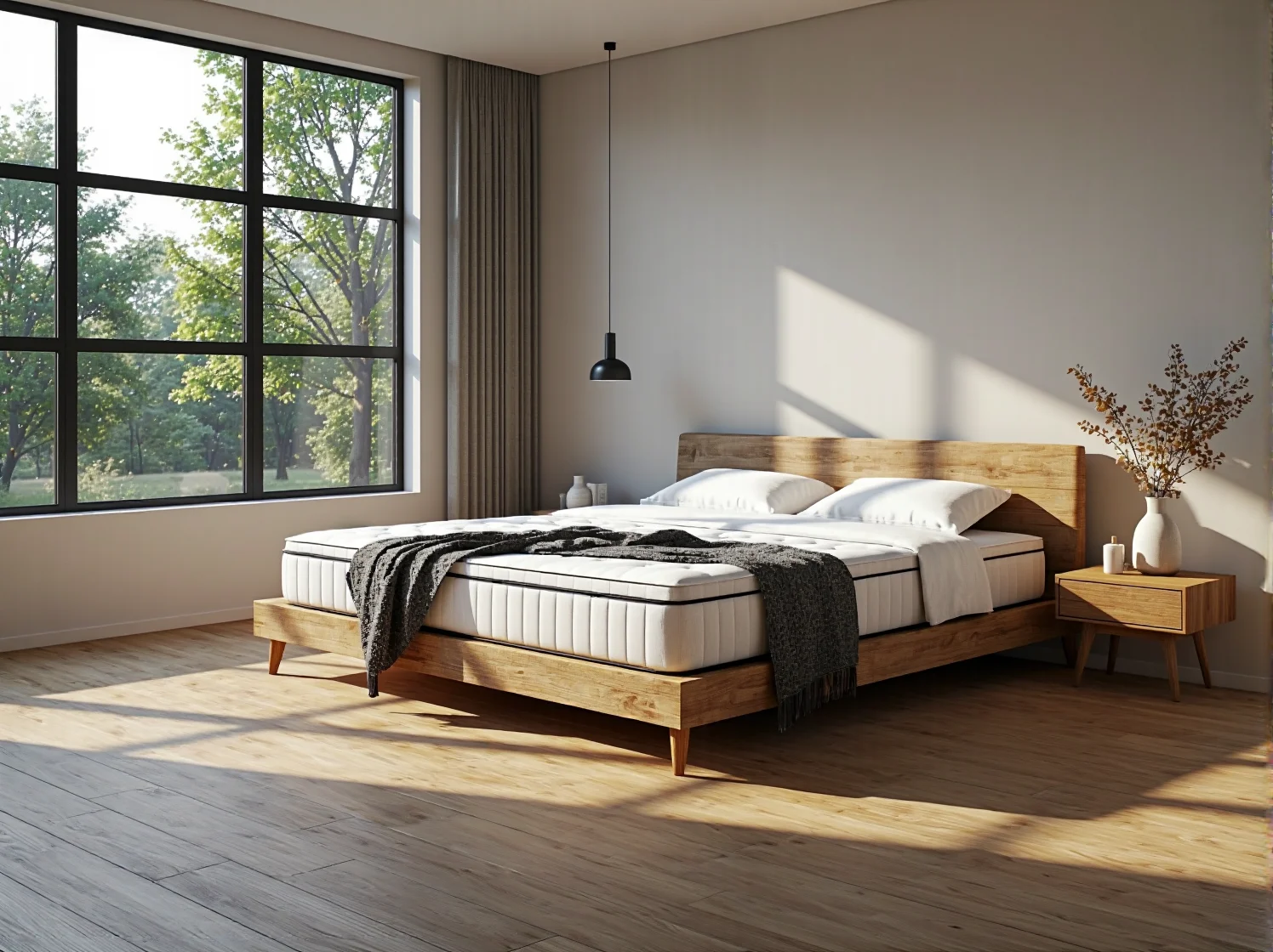Materac termoelastyczny biały na drewnianym łóżku dębowym