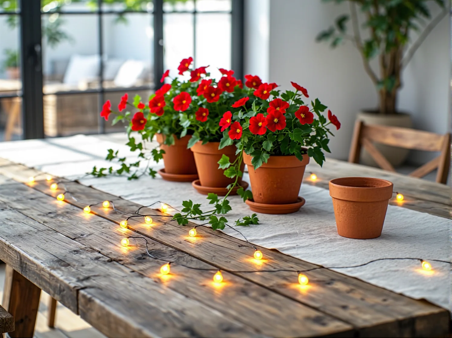 Białe meble metalowe na balkonie prowansalskim ozdobionym kwiatowymi lampkami LED