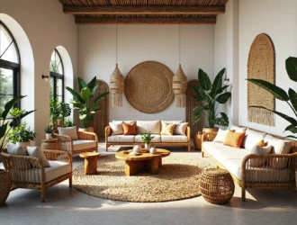 Rattanowy zestaw wypoczynkowy boho z sofami i fotelami kremowymi