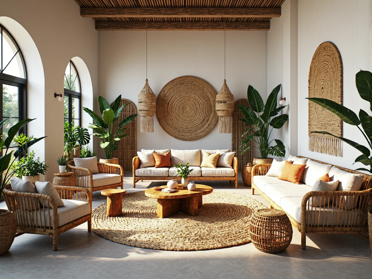 Rattanowy zestaw wypoczynkowy boho z sofami i fotelami kremowymi