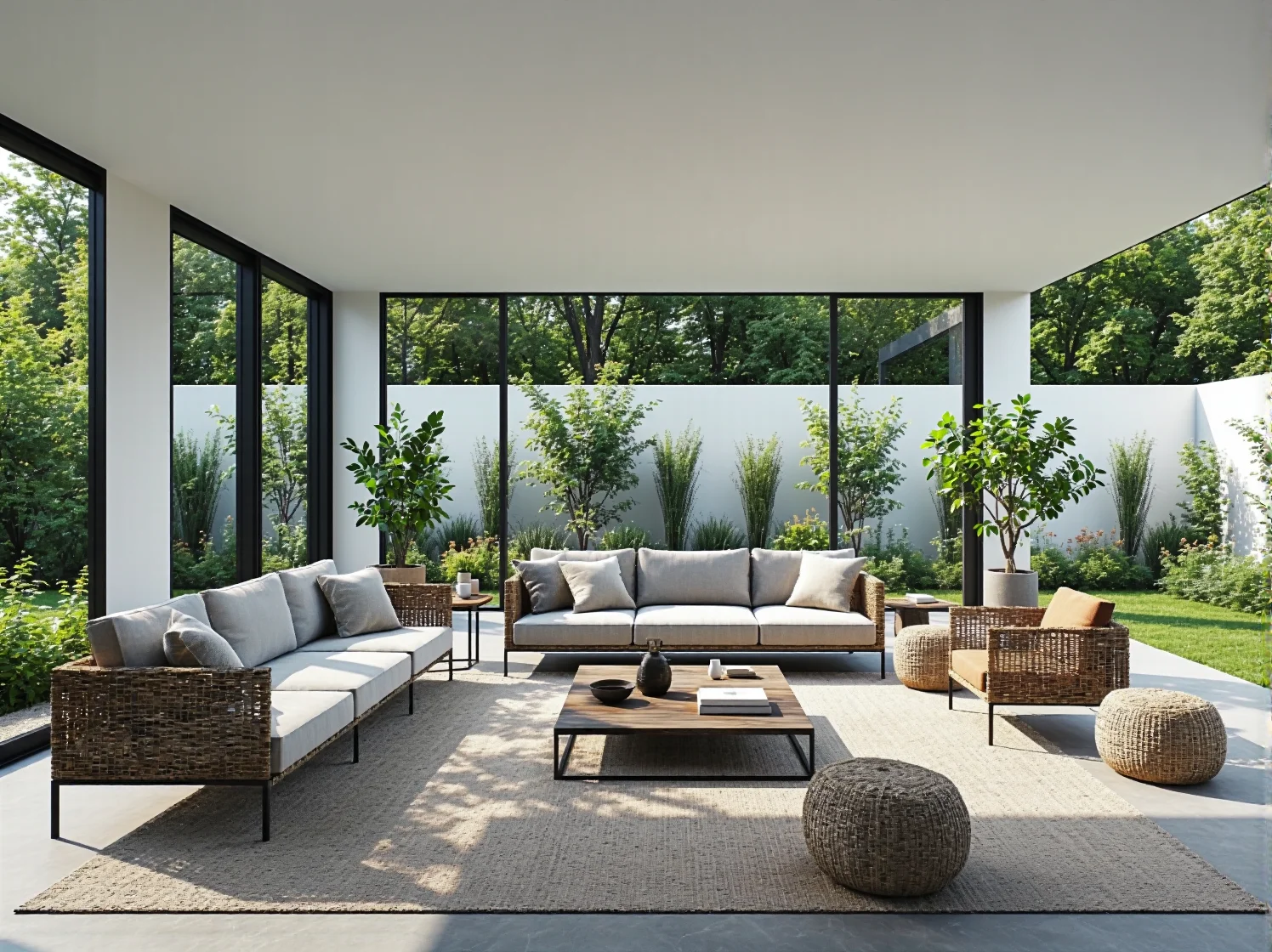 Kompozycja drewnianych mebli ogrodowych na tle bujnej roślinności. Harmonia i natura w ogrodzie.