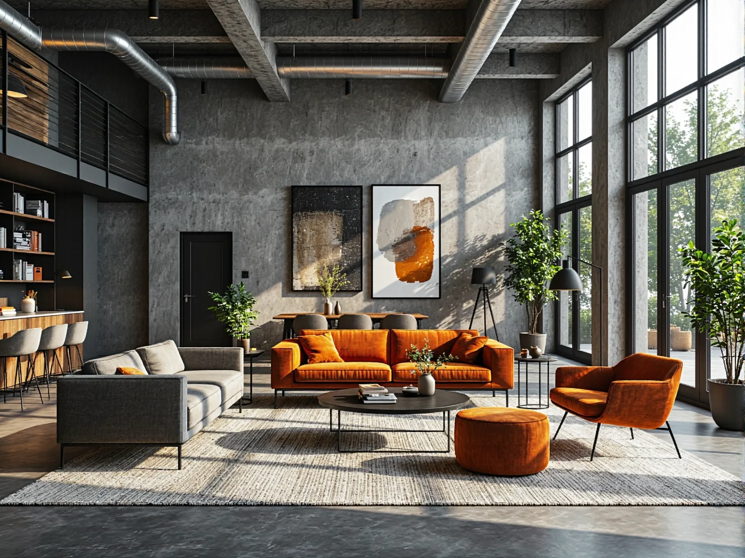 Meble loftowe w hotelowej przestrzeni lounge łączące naturalne drewno z czarną stalą.