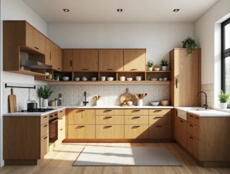 Modulowe meble kuchenne dąb craft z otwartymi półkami i szufladami