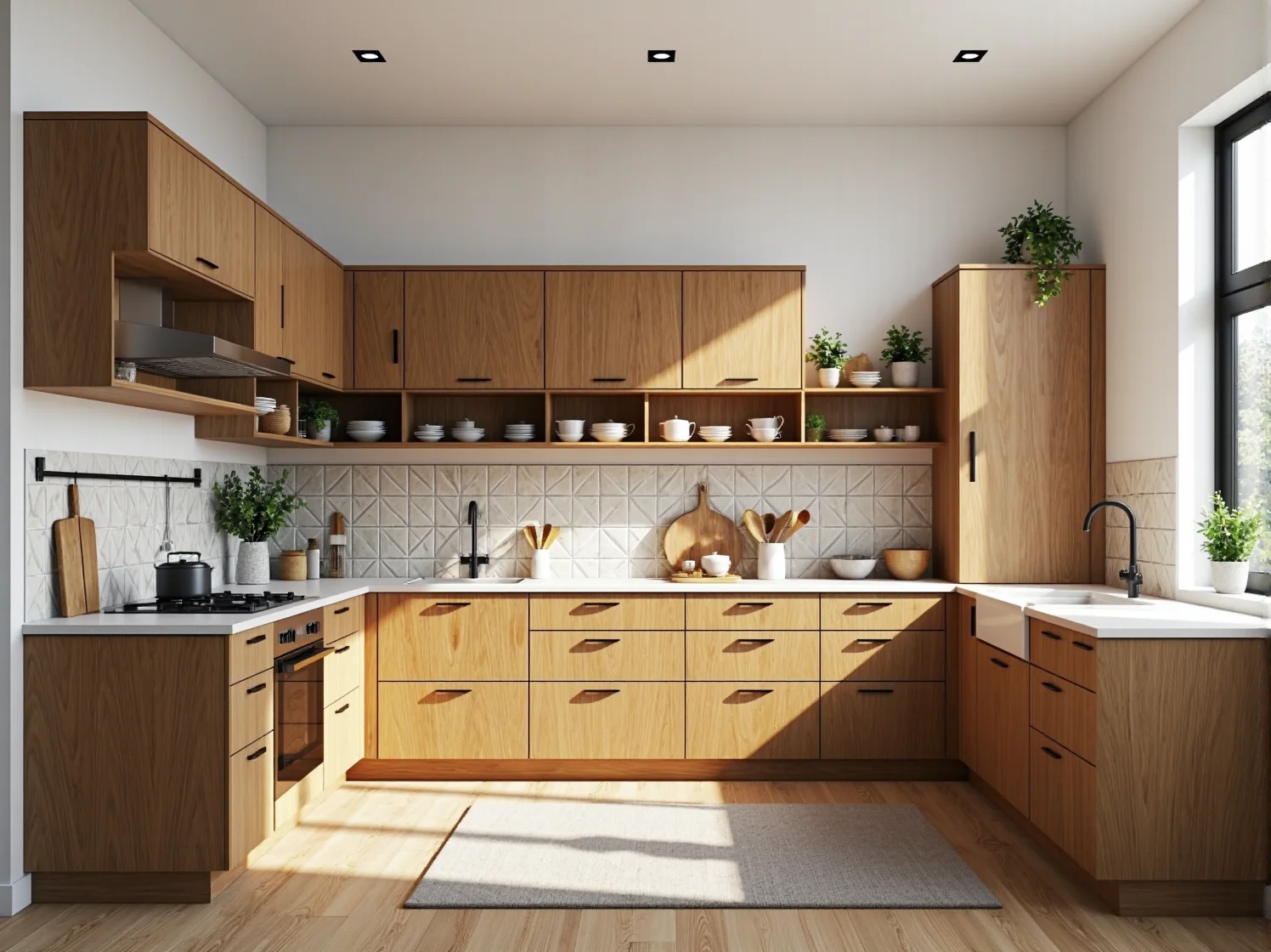 Modulowe meble kuchenne dąb craft z otwartymi półkami i szufladami