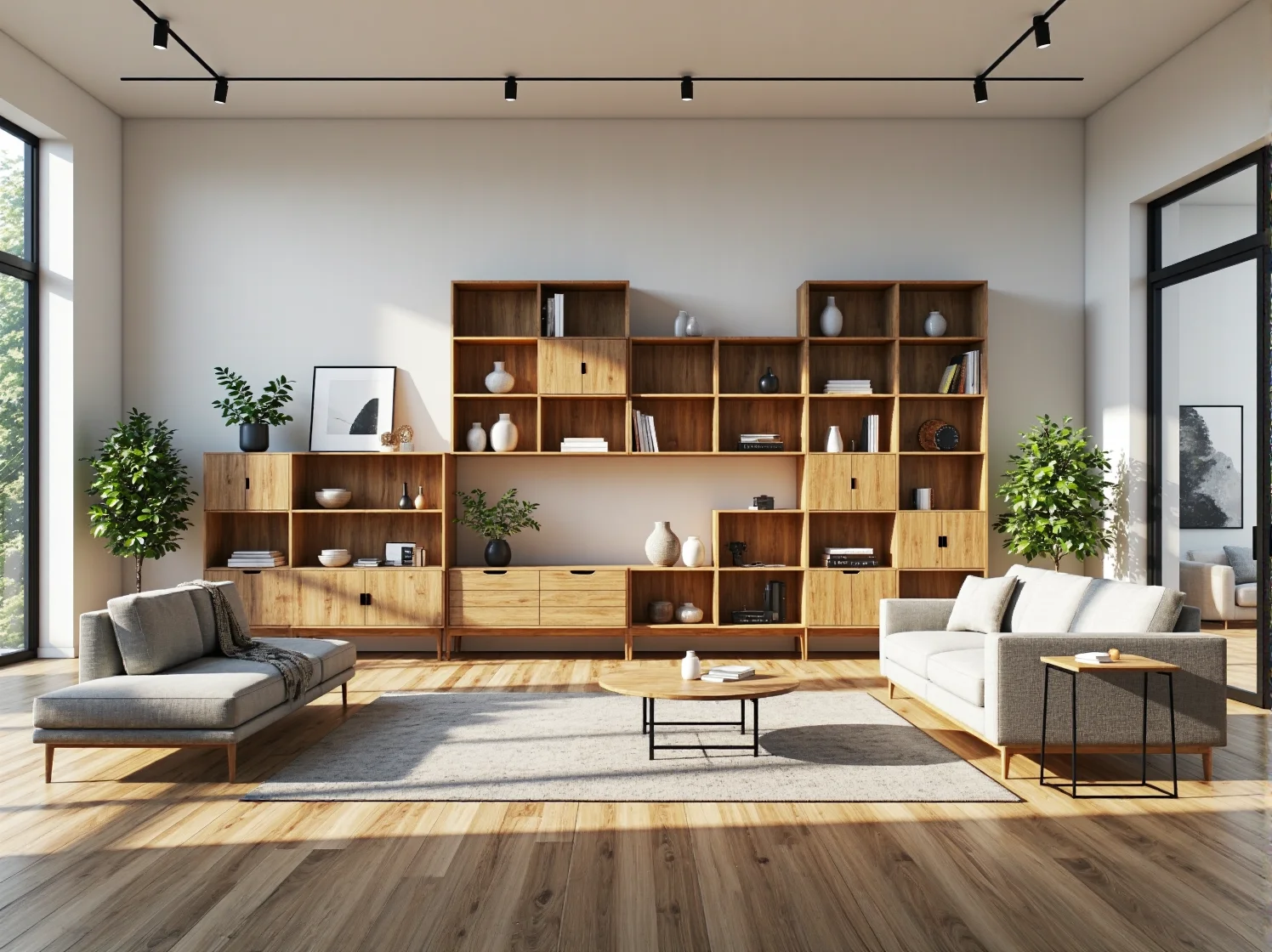 Modulowa meblościanka dąb craft z otwartymi półkami i szufladami