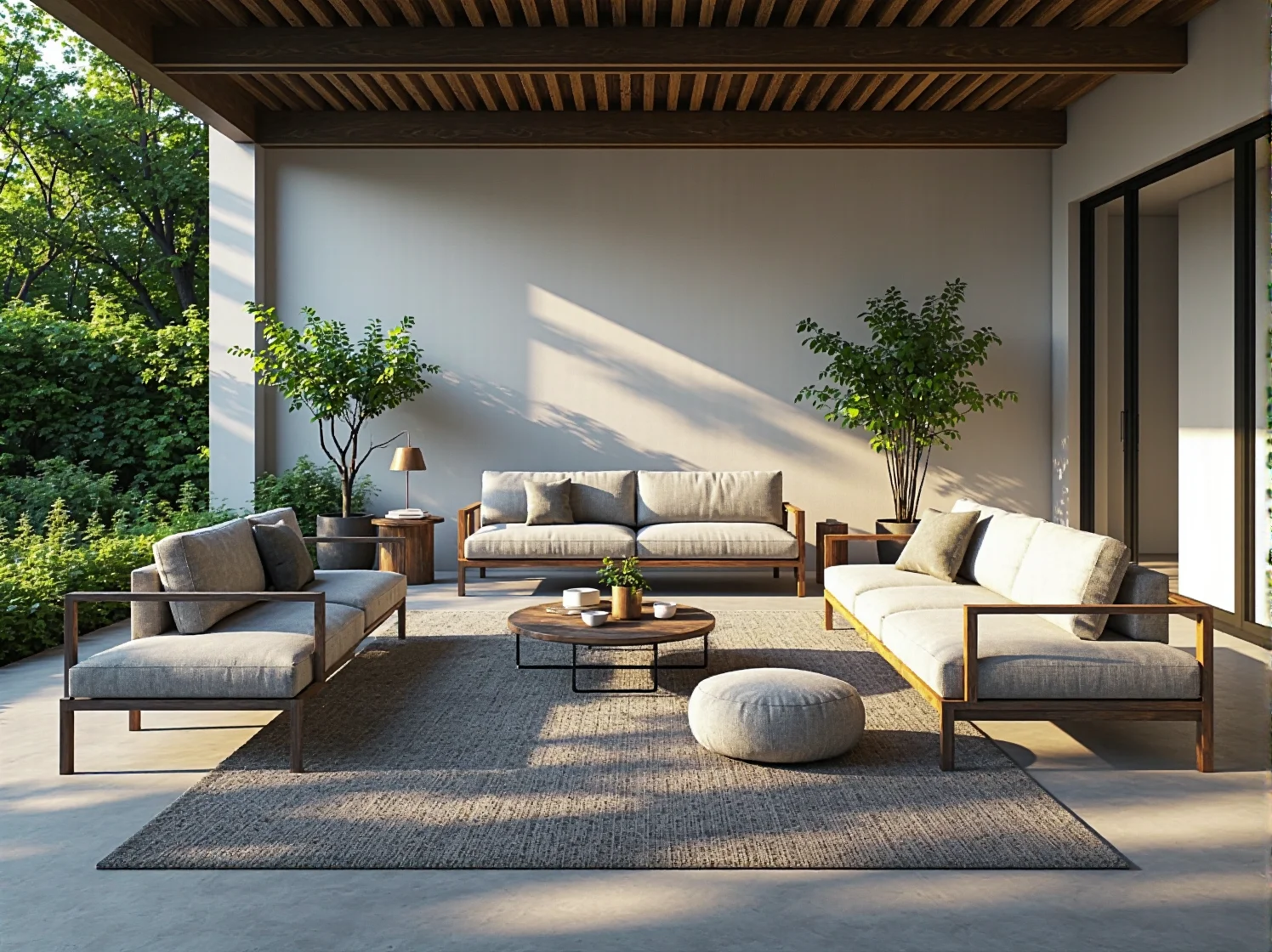 Zestaw mebli ogrodowych z narożną sofą w ogrodzie minimalistycznym