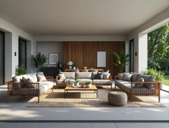 Zestaw mebli ogrodowych drewnianych z szarymi poduszkami w stylu skandynawskim