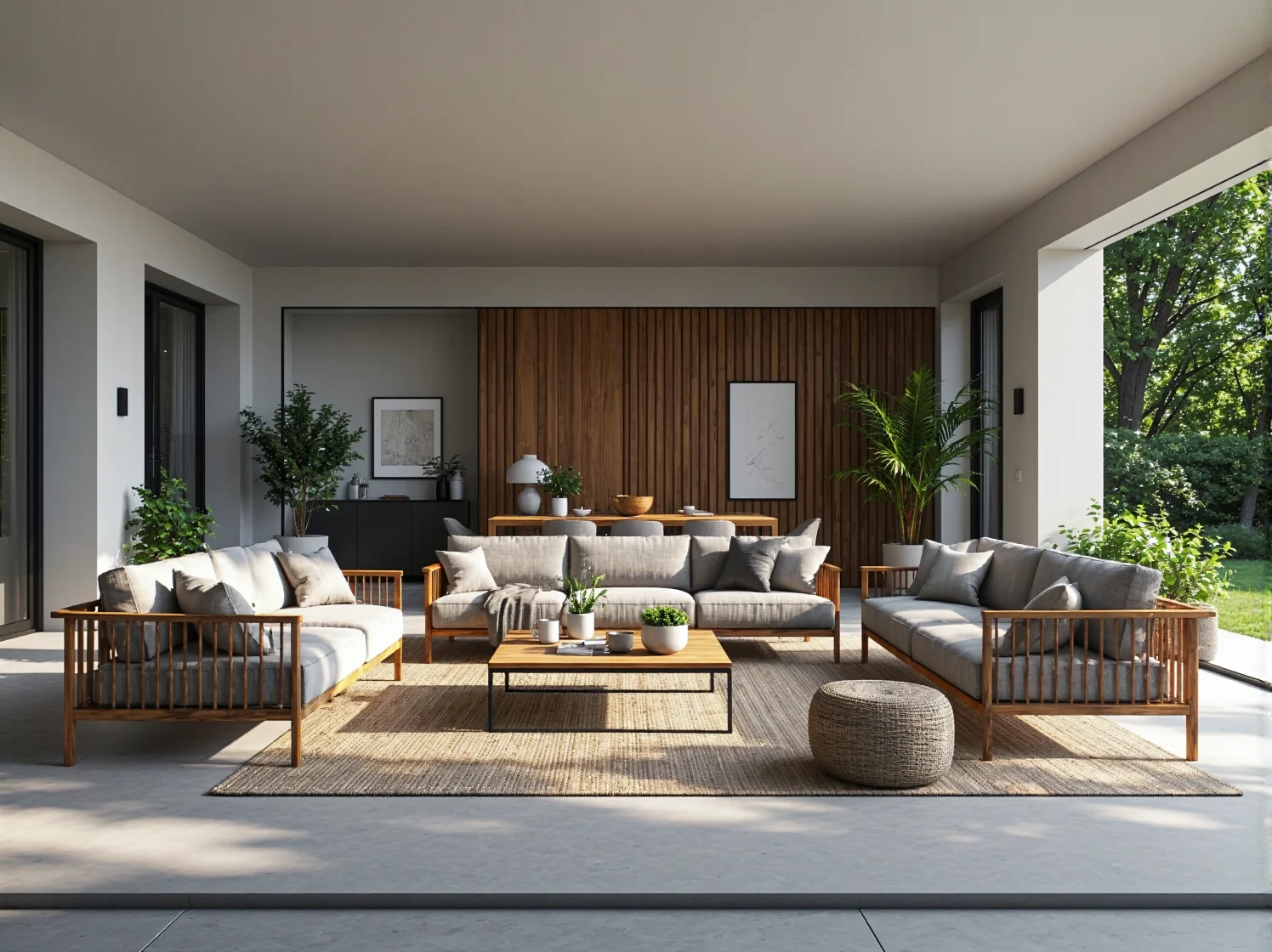 Zestaw mebli ogrodowych drewnianych z szarymi poduszkami w stylu skandynawskim