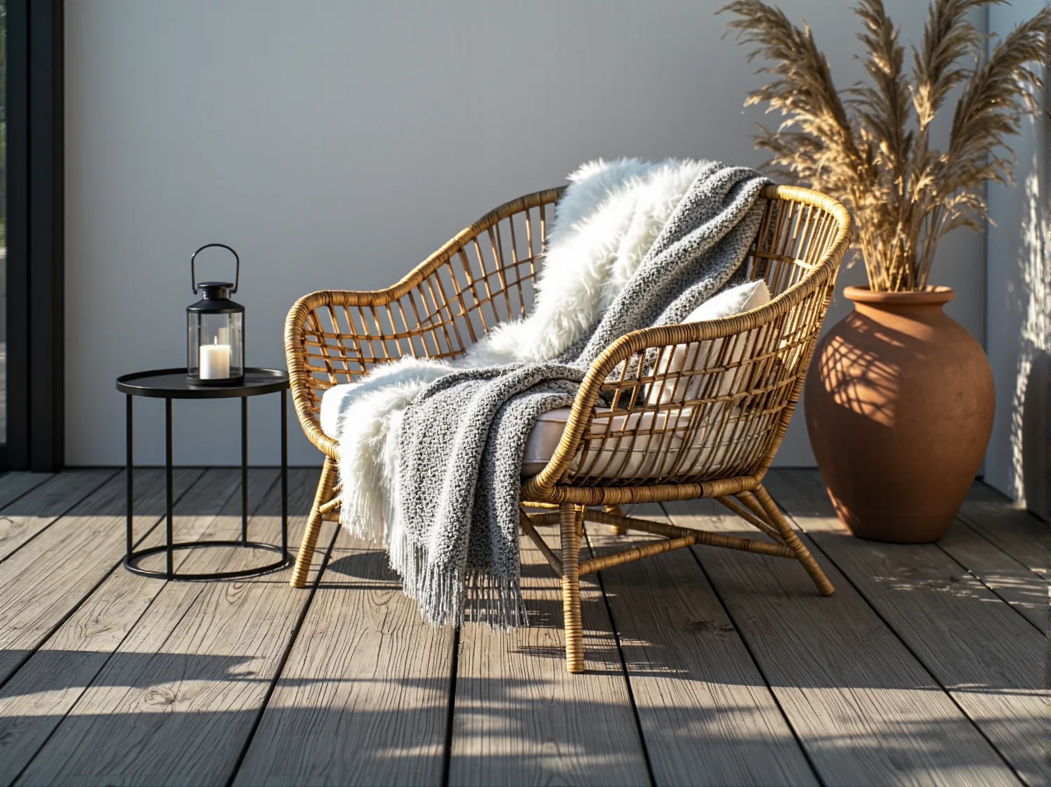 Drewniane meble ogrodowe w stylu skandynawskim na jasnym tarasie z desek