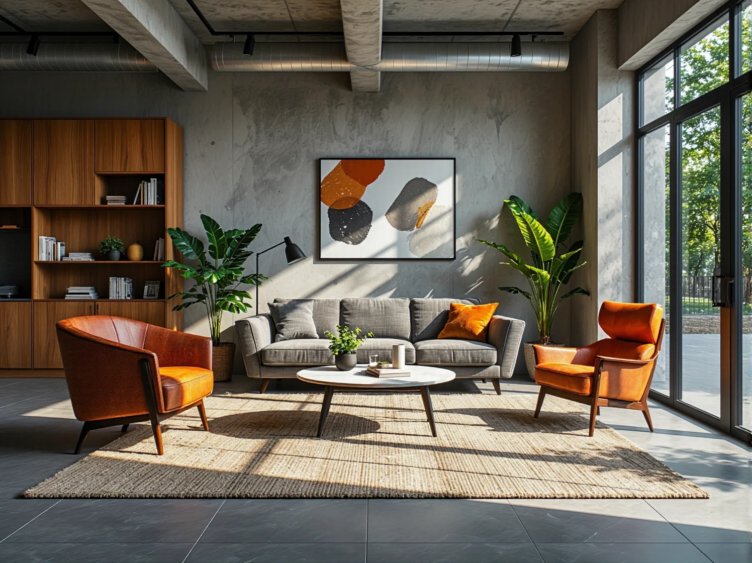 Nowoczesne biuro z akcentem retro – stylowy narożnik jako centralny punkt strefy relaksu w coworkingu.