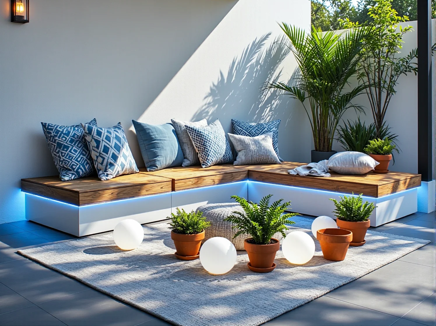 Taras skandynawski z błękitnymi akcentami i energooszczędnymi lampami LED w kolorze białym.