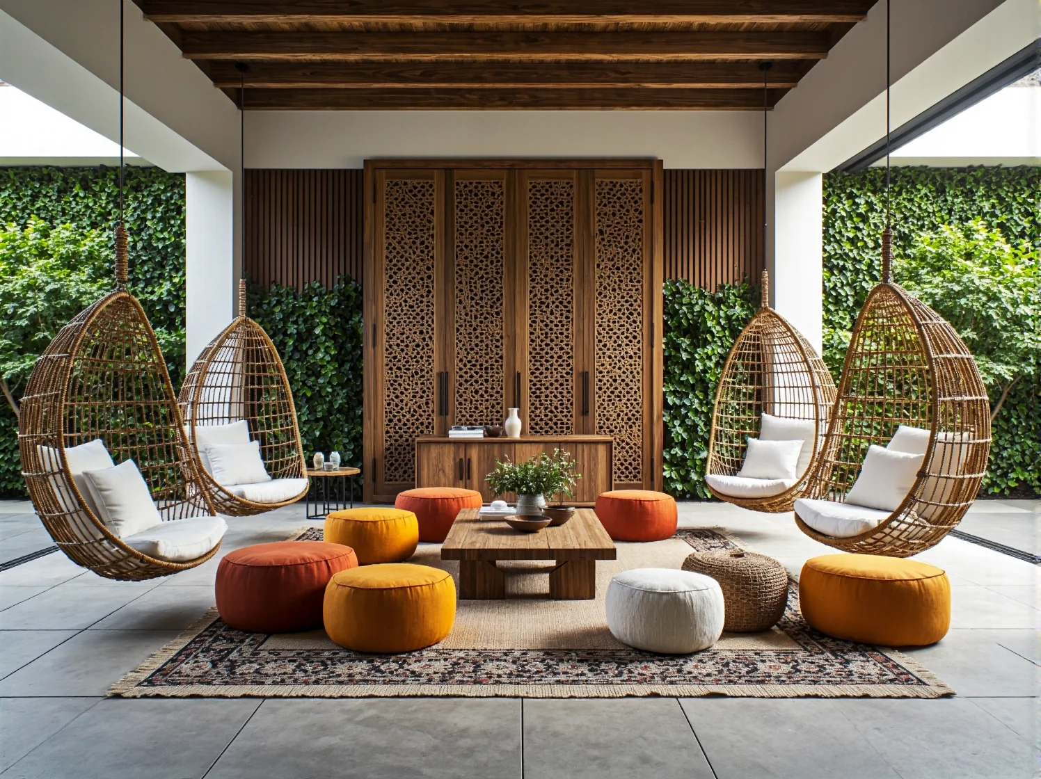 Drewniane meble wypoczynkowe boho na tarasie hotelowym zapewniające komfort gościom
