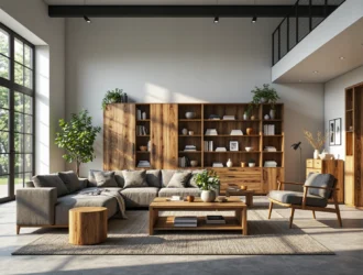 Drewniana meblościanka orzech z otwartymi półkami i szafkami