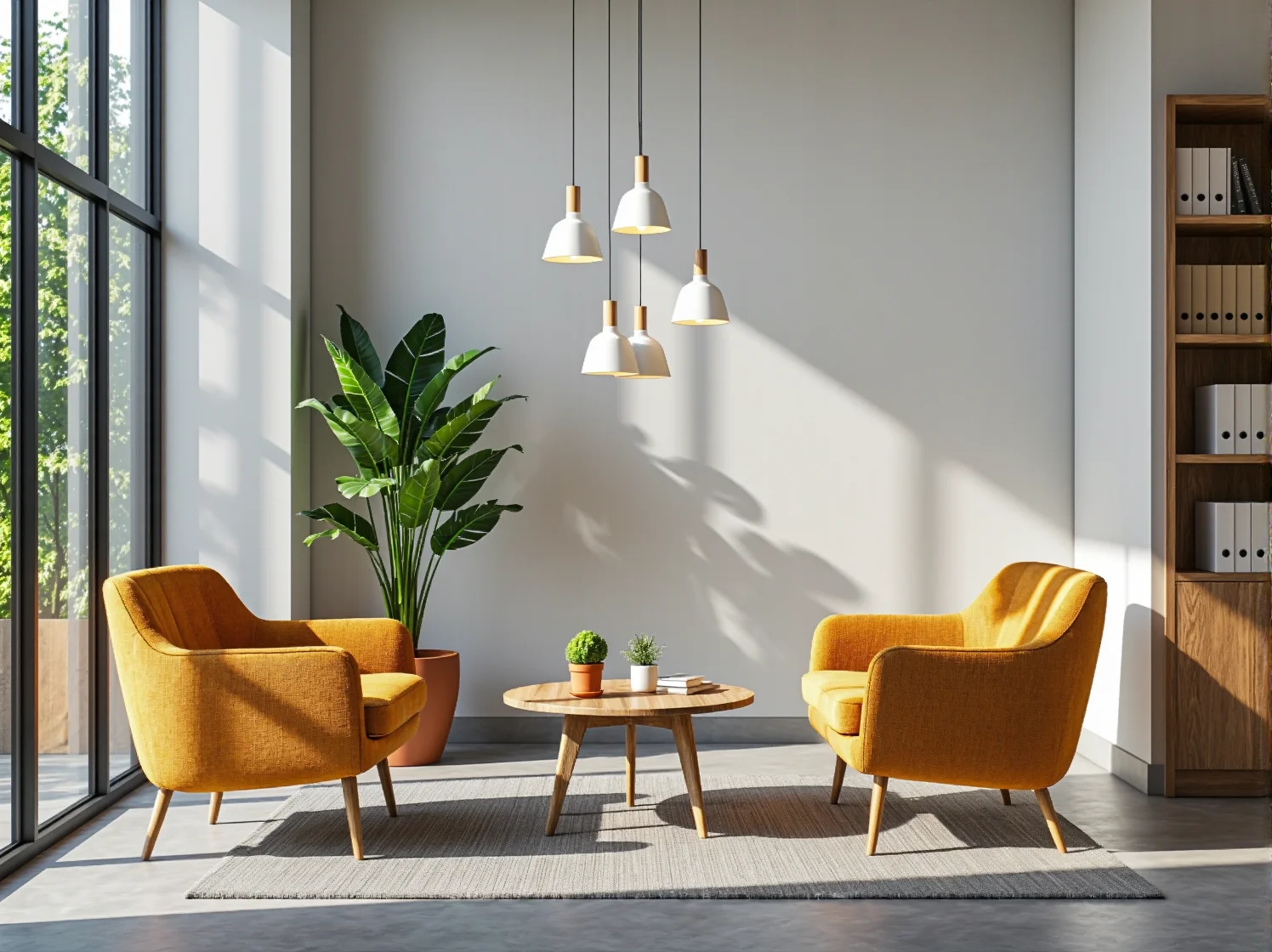 Minimalistyczne lampy skandynawskie w przestrzeni biurowej typu coworking dla lepszego skupienia.