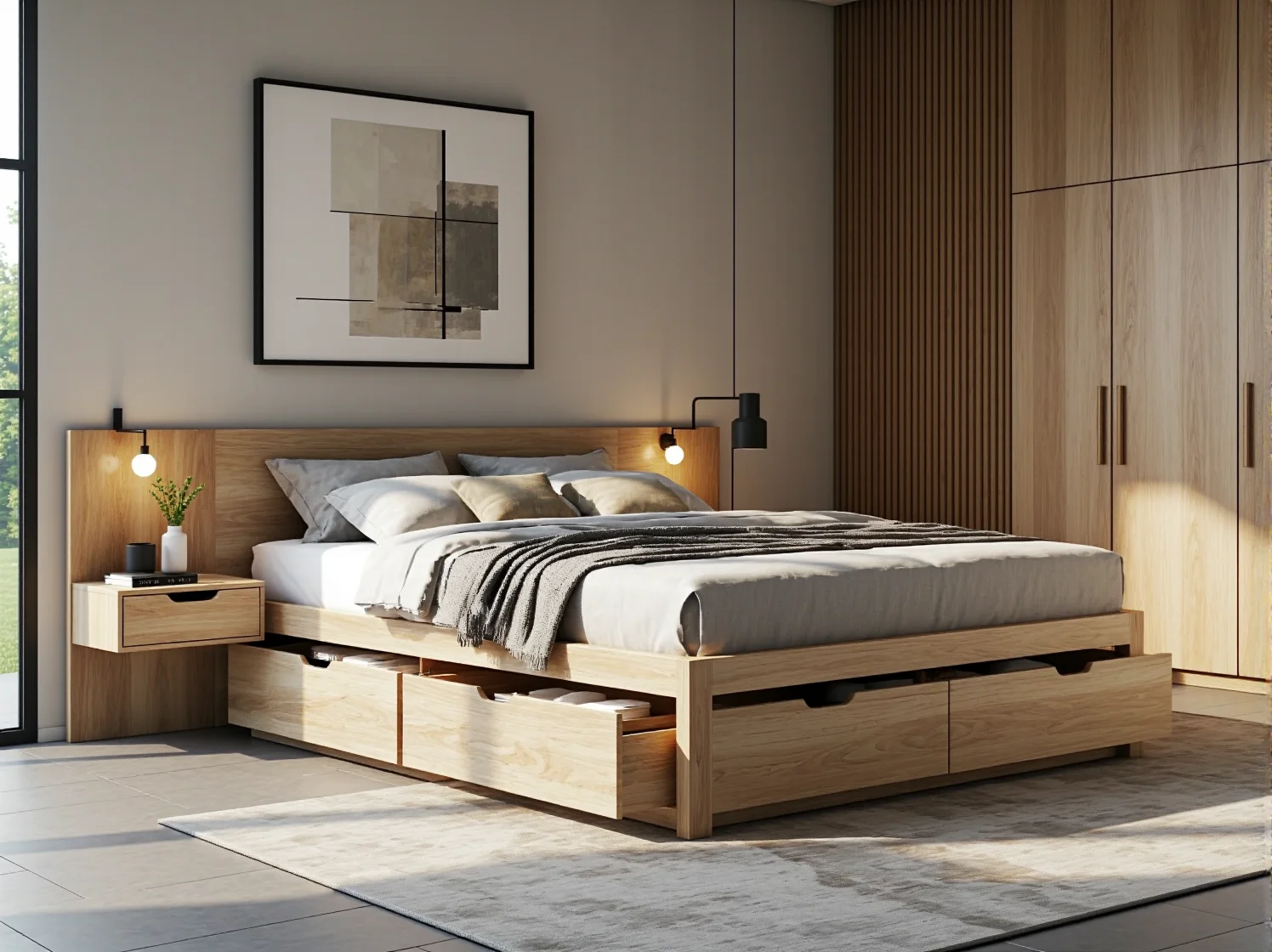 Minimalistyczne łóżko skandynawskie z szufladami łączące estetykę z praktyczną funkcjonalnością.