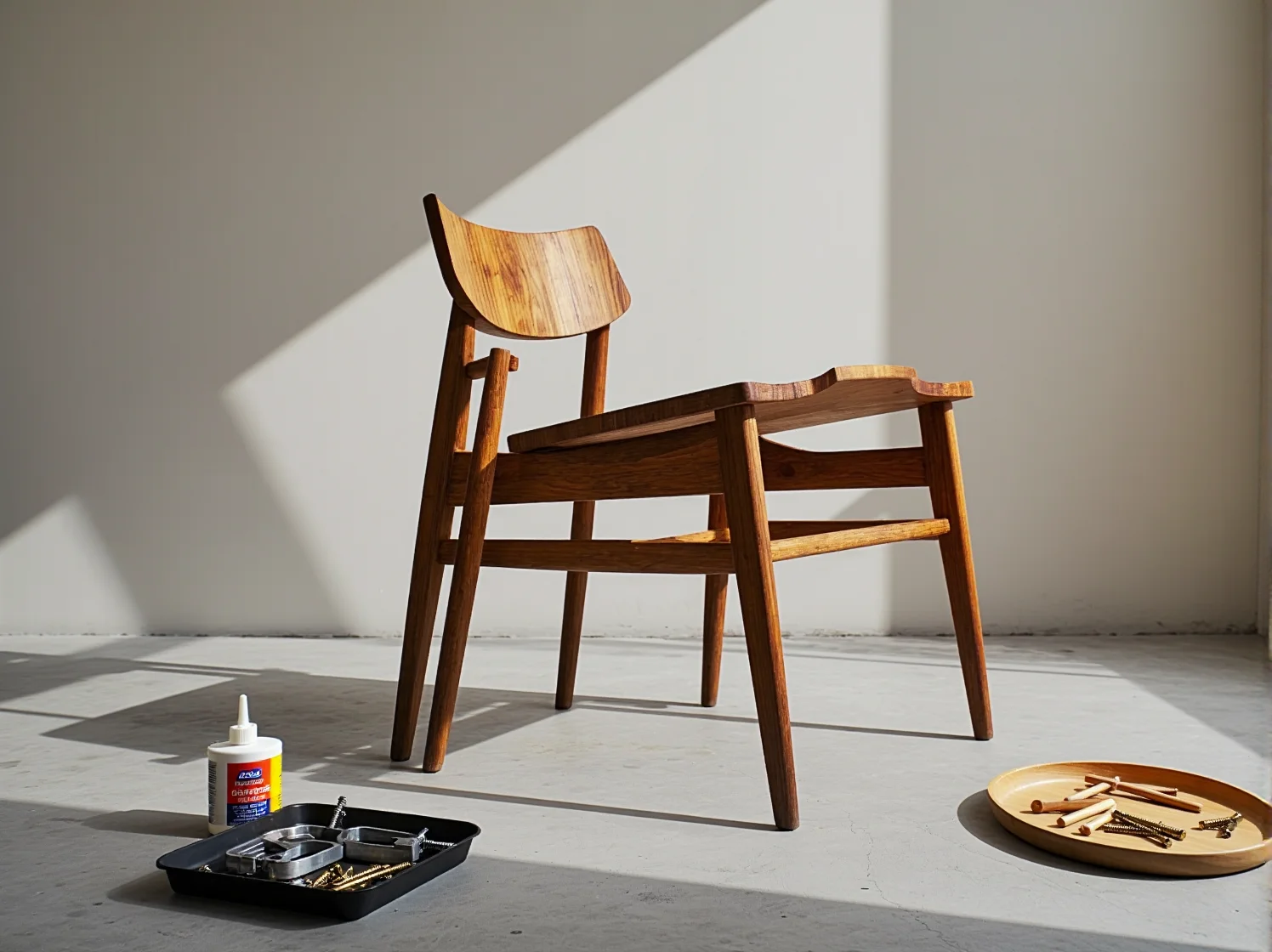 Naprawa pękniętego krzesła i klejenie uszkodzonych elementów drewnianych w domowym warsztacie.