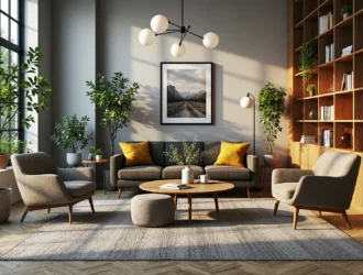 Szara sofa retro na drewnianych nóżkach z musztardowymi poduszkami