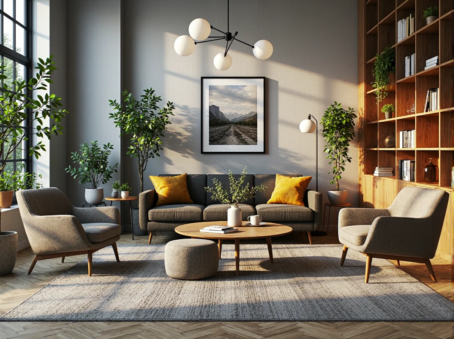 Szara sofa retro na drewnianych nóżkach z musztardowymi poduszkami