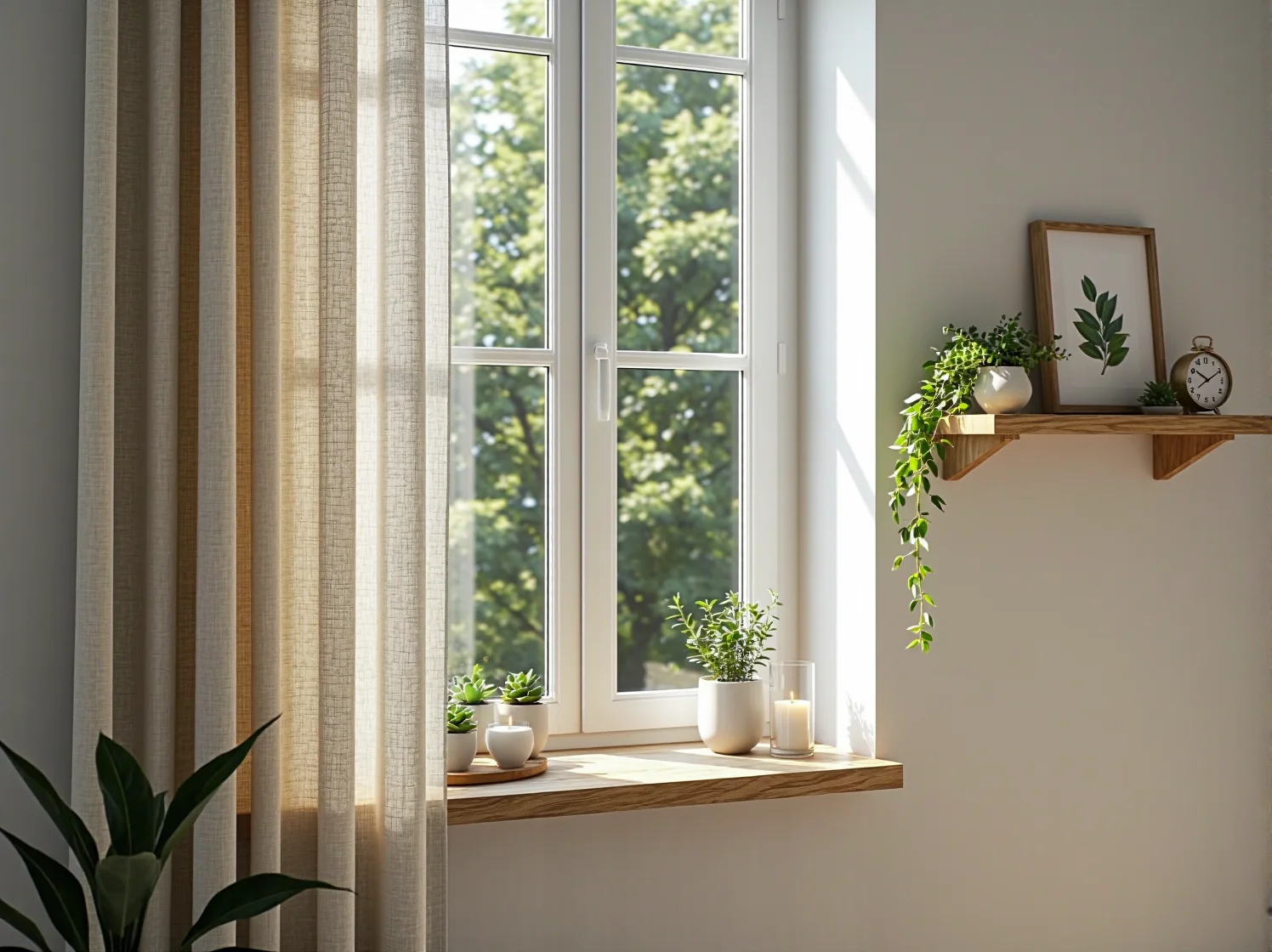 Dekoracje z naturalnego drewna i rośliny doniczkowe w jasnej sypialni w klimacie skandynawskim.