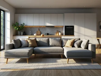 Szara narożna sofa z drewnianymi nóżkami i poduszkami